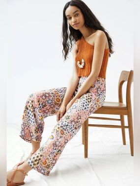 Anthropologie Wide Leg Floral Mosaic Pants in Pink, Orange, Blue